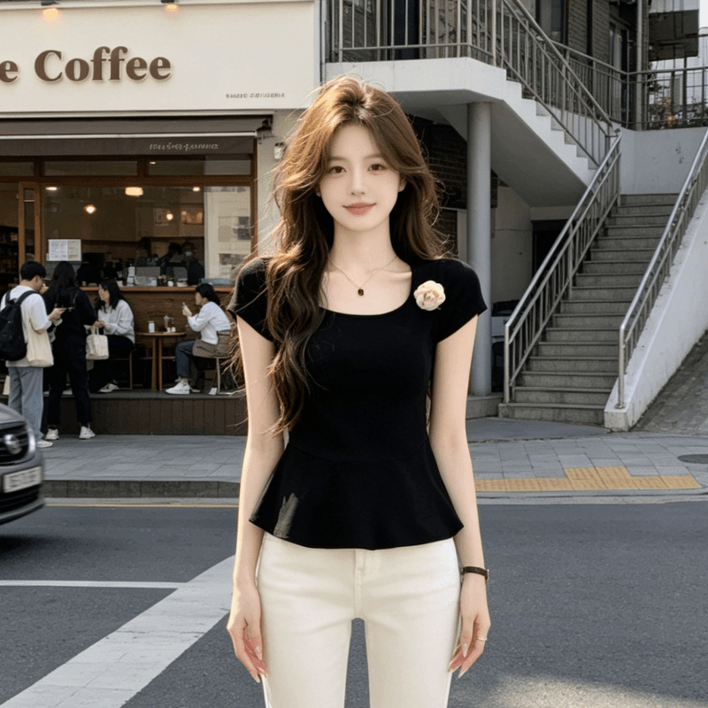 2026 새로운 여름 단색 풀오버 미니멀리즘 달콤한 미국 칼라 슈퍼 몸매 가꾸기 x 종류 반팔 니트 맨위 여성 상세 이미지 8
