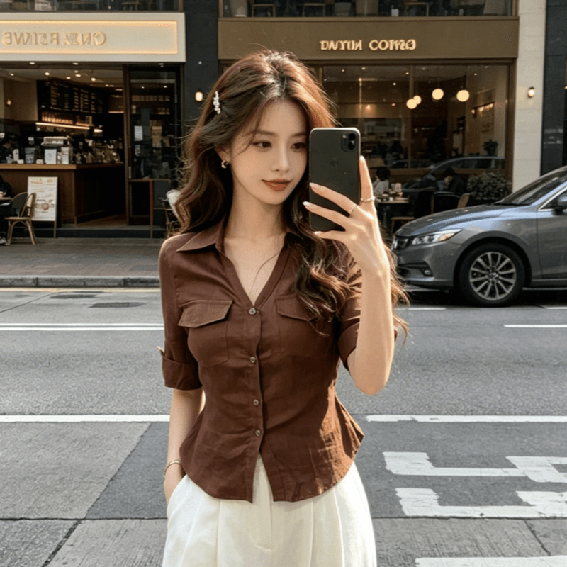원본 품질 아메리칸 핫걸 바람 중간 소매 여성 셔츠 가을 새로운 스트랩 허리 수축 디자인 센스 맨위 이미지 3