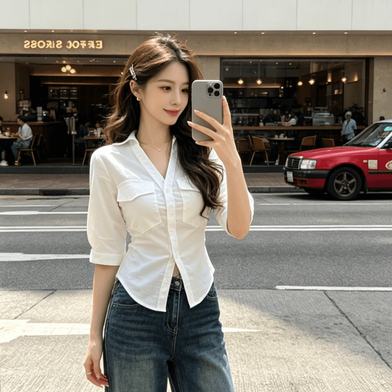 원본 품질 아메리칸 핫걸 바람 중간 소매 여성 셔츠 가을 새로운 스트랩 허리 수축 디자인 센스 맨위