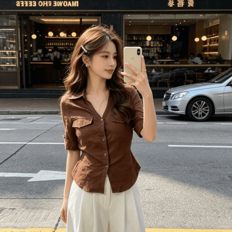 원본 품질 아메리칸 핫걸 바람 중간 소매 여성 셔츠 가을 새로운 스트랩 허리 수축 디자인 센스 맨위 상세 이미지 2