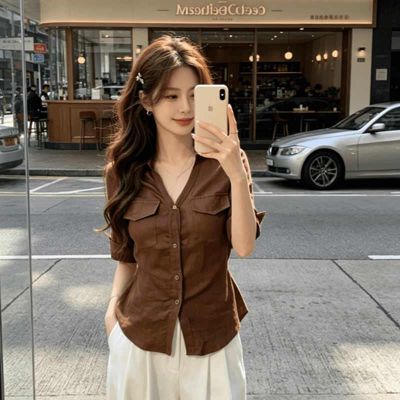 원본 품질 아메리칸 핫걸 바람 중간 소매 여성 셔츠 가을 새로운 스트랩 허리 수축 디자인 센스 맨위 상세 이미지 3