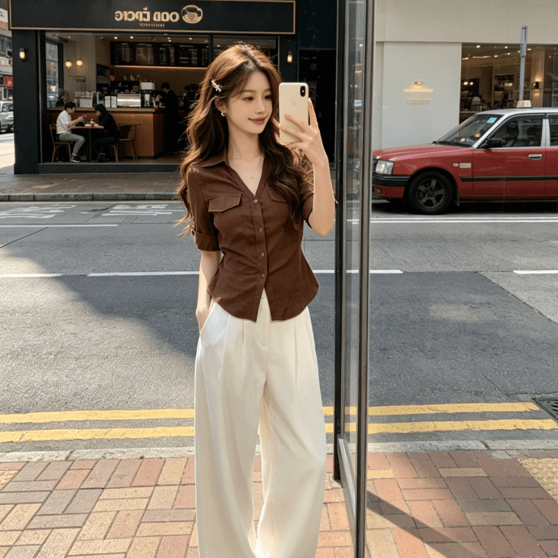 원본 품질 아메리칸 핫걸 바람 중간 소매 여성 셔츠 가을 새로운 스트랩 허리 수축 디자인 센스 맨위 상세 이미지 4