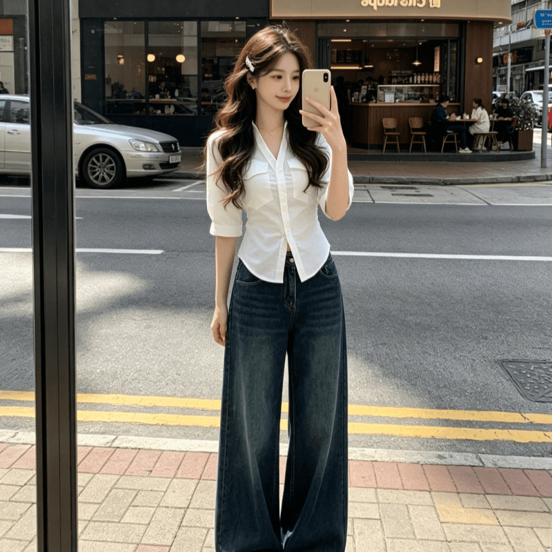원본 품질 아메리칸 핫걸 바람 중간 소매 여성 셔츠 가을 새로운 스트랩 허리 수축 디자인 센스 맨위 상세 이미지 8