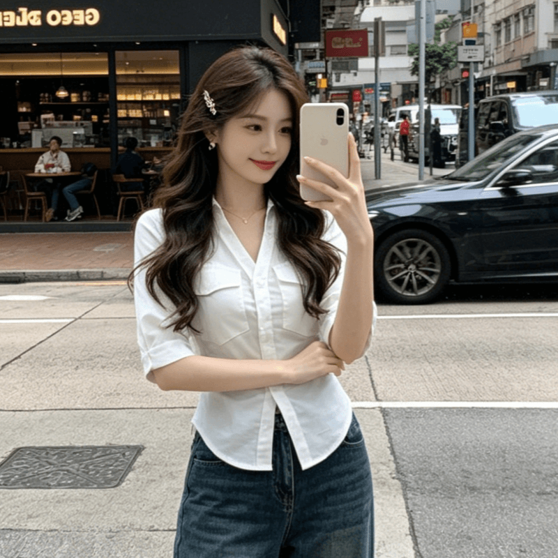 원본 품질 아메리칸 핫걸 바람 중간 소매 여성 셔츠 가을 새로운 스트랩 허리 수축 디자인 센스 맨위 상세 이미지 9