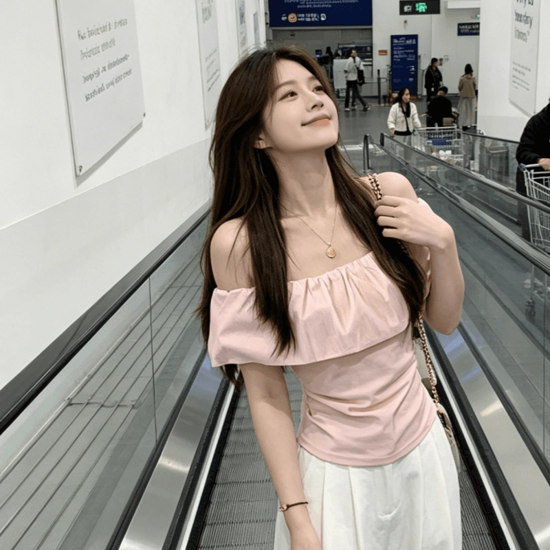다용도 오프숄더 몸매 가꾸기 슬림해 보이는 오프숄더 핑크색 주름 쇼트 스타일 맨위 여성 분위기 센스 프릴 반팔 티셔츠 상세 이미지 2