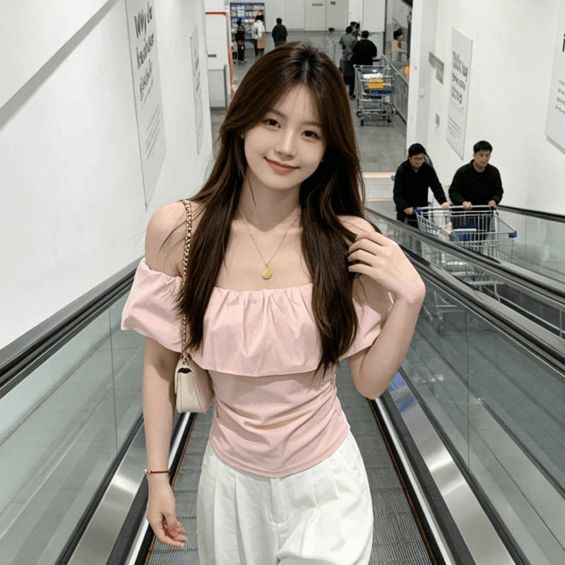 다용도 오프숄더 몸매 가꾸기 슬림해 보이는 오프숄더 핑크색 주름 쇼트 스타일 맨위 여성 분위기 센스 프릴 반팔 티셔츠 상세 이미지 5