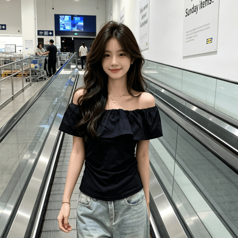 다용도 오프숄더 몸매 가꾸기 슬림해 보이는 오프숄더 핑크색 주름 쇼트 스타일 맨위 여성 분위기 센스 프릴 반팔 티셔츠 상세 이미지 7