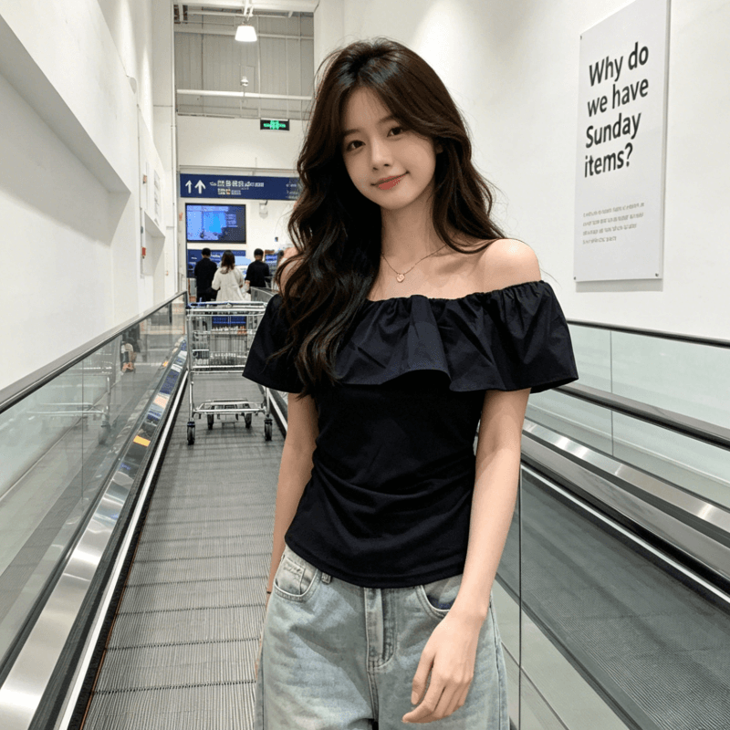 다용도 오프숄더 몸매 가꾸기 슬림해 보이는 오프숄더 핑크색 주름 쇼트 스타일 맨위 여성 분위기 센스 프릴 반팔 티셔츠 상세 이미지 9