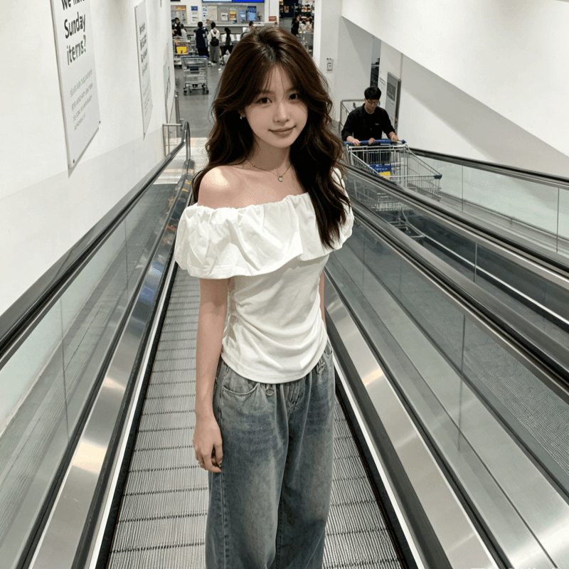 다용도 오프숄더 몸매 가꾸기 슬림해 보이는 오프숄더 핑크색 주름 쇼트 스타일 맨위 여성 분위기 센스 프릴 반팔 티셔츠 상세 이미지 11