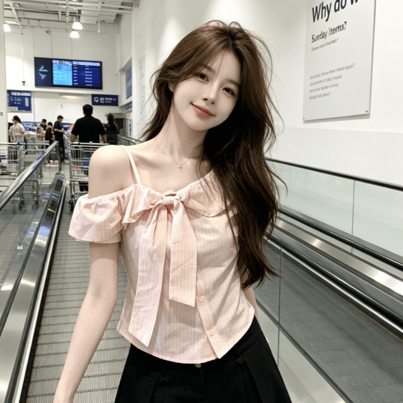 핑크색 비스듬한 어깨 나비 넥타이 반팔 여성 셔츠 여름 스트라이프 오프숄더 쇼트 스타일 셔츠 몸매 가꾸기 슬림해 보이는 맨위 상세 이미지 2