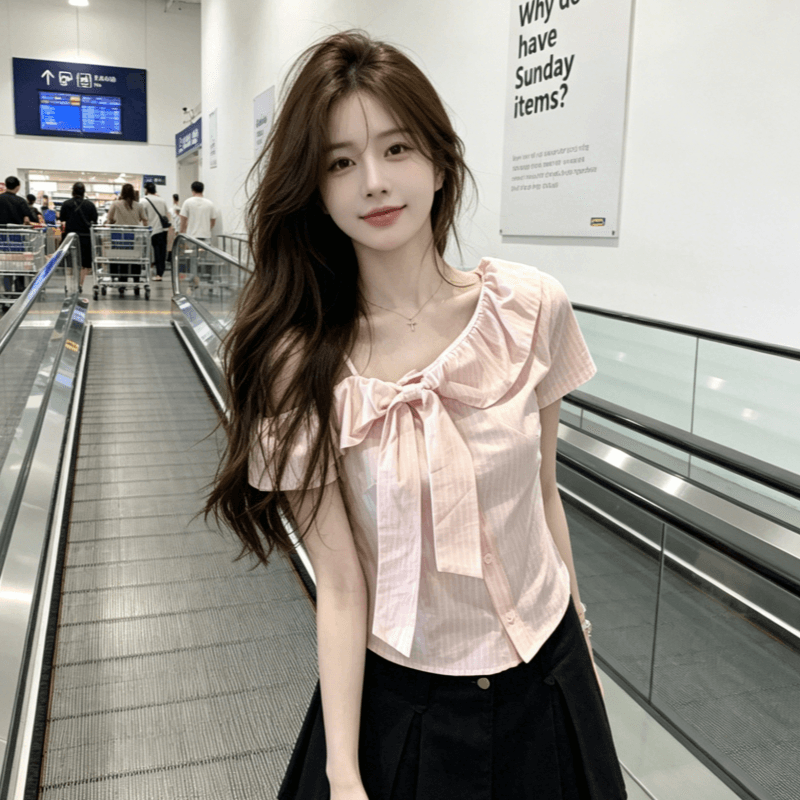 핑크색 비스듬한 어깨 나비 넥타이 반팔 여성 셔츠 여름 스트라이프 오프숄더 쇼트 스타일 셔츠 몸매 가꾸기 슬림해 보이는 맨위 상세 이미지 3
