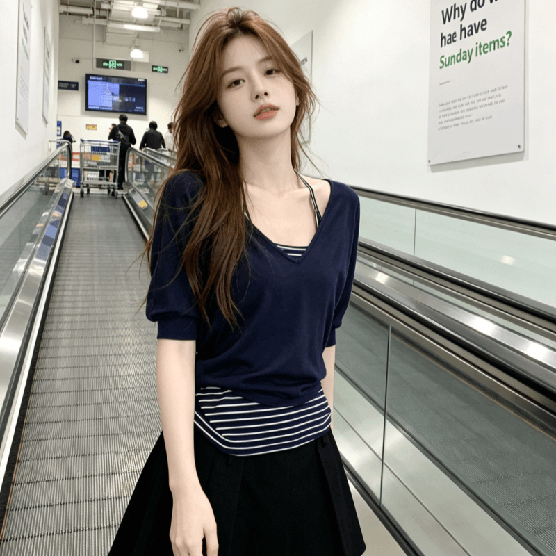 송 긍정적 인 En 화이트 V넥 반팔 티셔츠 여성 여름 착용 가져 가라. 새로운 루즈핏 캐주얼 블라우스 중간 소매 아름다운 맨위 트렌디 상세 이미지 3