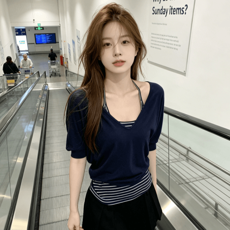 송 긍정적 인 En 화이트 V넥 반팔 티셔츠 여성 여름 착용 가져 가라. 새로운 루즈핏 캐주얼 블라우스 중간 소매 아름다운 맨위 트렌디 상세 이미지 9