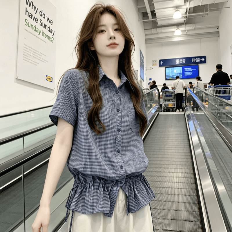 핫걸 파란색 체크무늬 긍정적 인 어깨 반팔 여성 셔츠 여름 몸매 가꾸기 허리 수축 디자인 센스 쇼트 스타일 셔츠 맨위 이미지 4