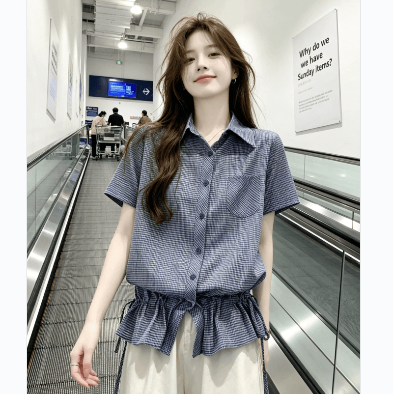 핫걸 파란색 체크무늬 긍정적 인 어깨 반팔 여성 셔츠 여름 몸매 가꾸기 허리 수축 디자인 센스 쇼트 스타일 셔츠 맨위 이미지 3