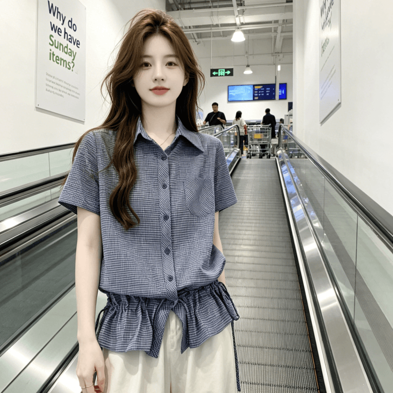 핫걸 파란색 체크무늬 긍정적 인 어깨 반팔 여성 셔츠 여름 몸매 가꾸기 허리 수축 디자인 센스 쇼트 스타일 셔츠 맨위 상세 이미지 4