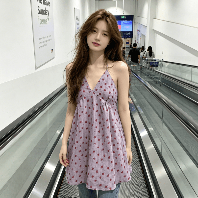 보라색 행침 목 꽃무늬 드레스 아이들 여름 2026 새로운 프랑스식 해변가 휴가 아름다운 백리스 슬립 미니 스커트 이미지 2
