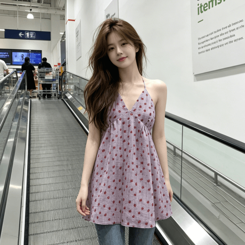 보라색 행침 목 꽃무늬 드레스 아이들 여름 2026 새로운 프랑스식 해변가 휴가 아름다운 백리스 슬립 미니 스커트 상세 이미지 5