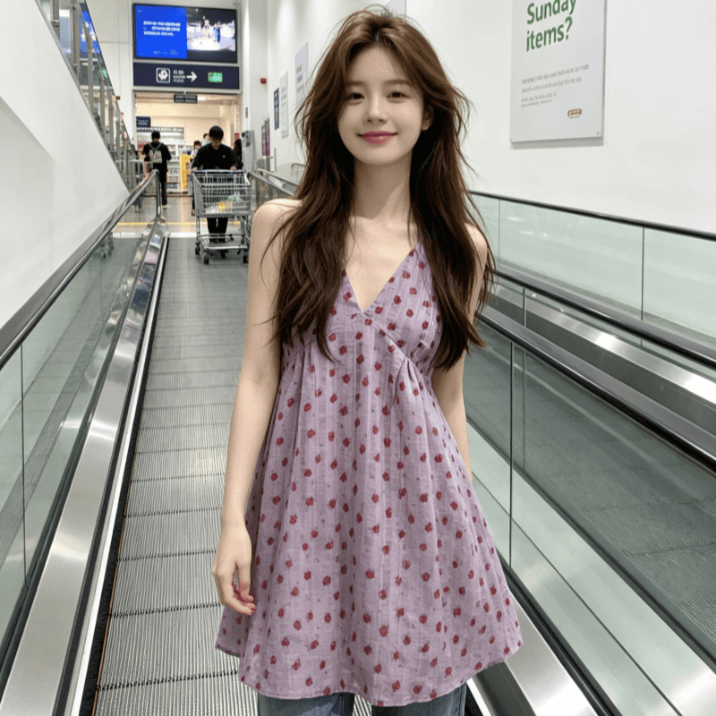 보라색 행침 목 꽃무늬 드레스 아이들 여름 2026 새로운 프랑스식 해변가 휴가 아름다운 백리스 슬립 미니 스커트 상세 이미지 6