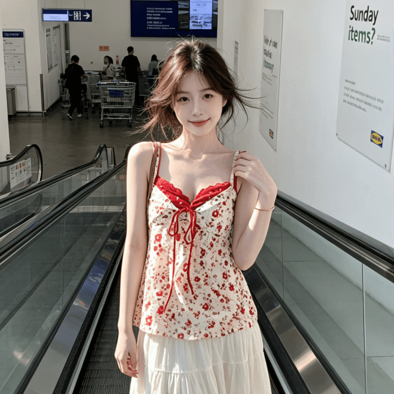 바 리프트 우아한 일몰 V넥 페이크 레이어드 한 부서 느긋한 캐미솔 달콤함 쉬폰 꽃무늬 맨위 이미지 4