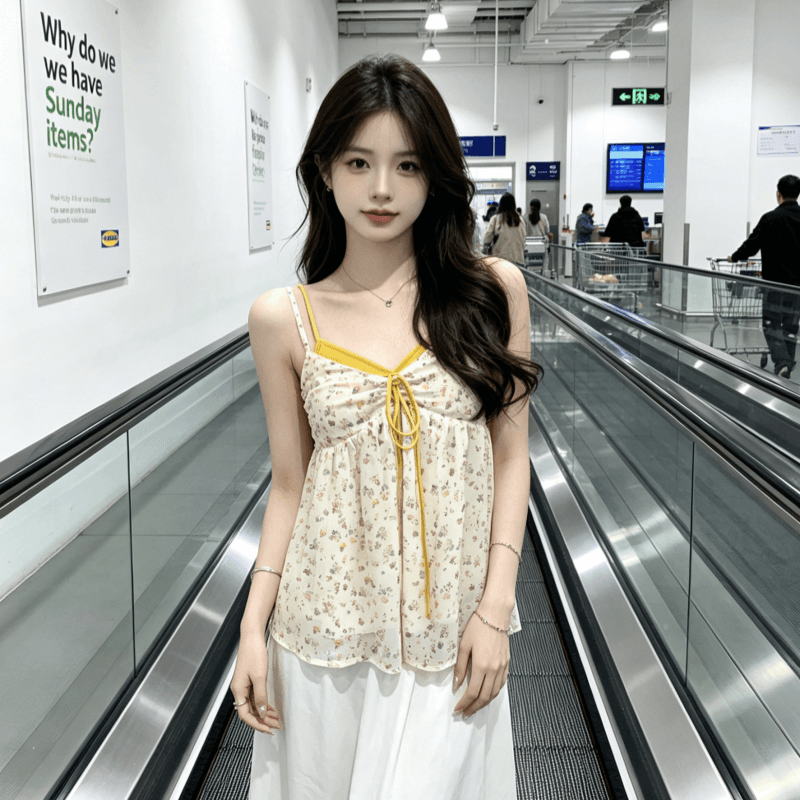바 리프트 우아한 일몰 V넥 페이크 레이어드 한 부서 느긋한 캐미솔 달콤함 쉬폰 꽃무늬 맨위 이미지 5