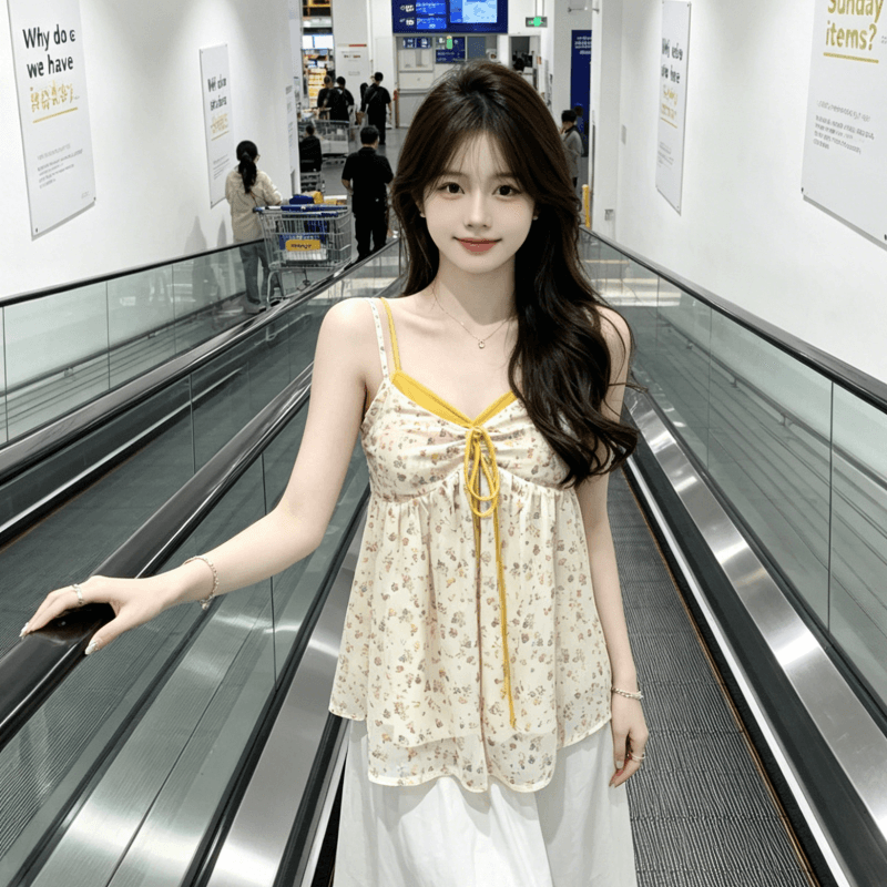 바 리프트 우아한 일몰 V넥 페이크 레이어드 한 부서 느긋한 캐미솔 달콤함 쉬폰 꽃무늬 맨위 상세 이미지 5