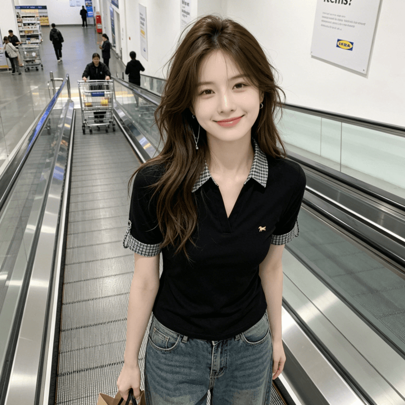 유럽 한 페이크 레이어드 POLO 칼라 반팔 티셔츠 여성 Z아 어깨 몸매 가꾸기 반소매 체크무늬 패치워크 맨위 여성 이미지 5