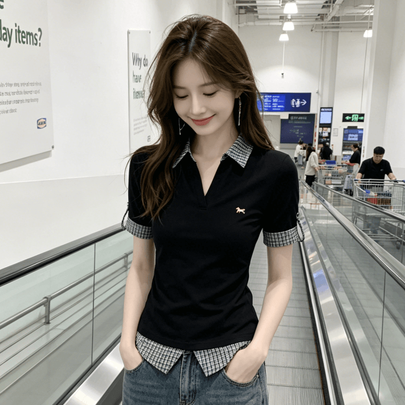 유럽 한 페이크 레이어드 POLO 칼라 반팔 티셔츠 여성 Z아 어깨 몸매 가꾸기 반소매 체크무늬 패치워크 맨위 여성 이미지 4