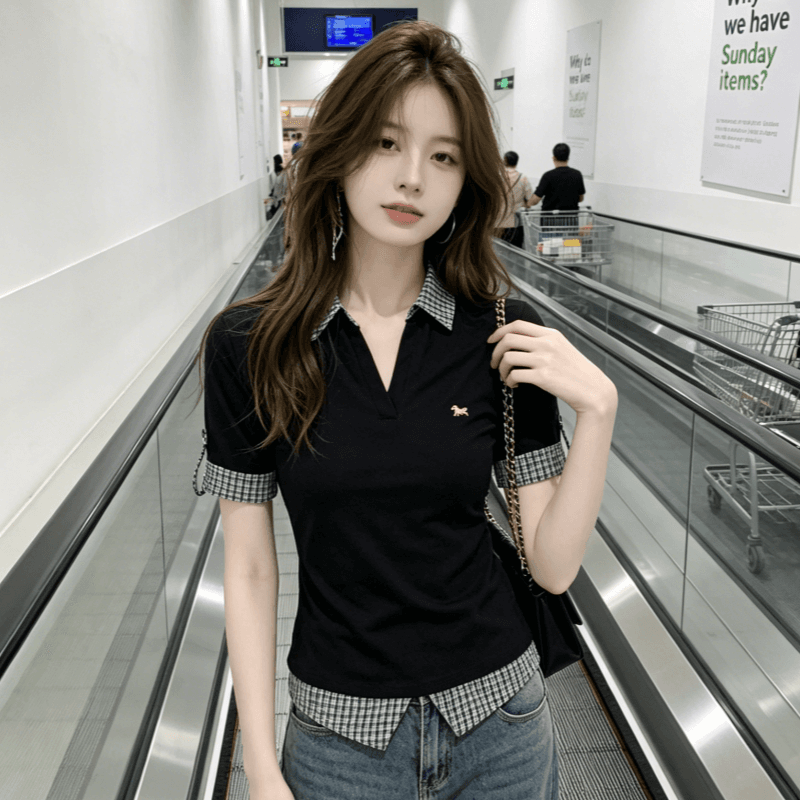 유럽 한 페이크 레이어드 POLO 칼라 반팔 티셔츠 여성 Z아 어깨 몸매 가꾸기 반소매 체크무늬 패치워크 맨위 여성 상세 이미지 2