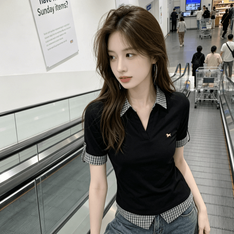 유럽 한 페이크 레이어드 POLO 칼라 반팔 티셔츠 여성 Z아 어깨 몸매 가꾸기 반소매 체크무늬 패치워크 맨위 여성 상세 이미지 3