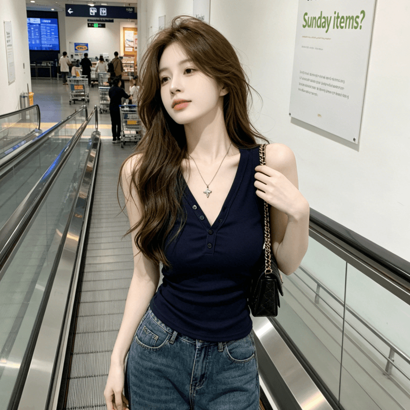 몸매 가꾸기 디자인 센스 작은 대중 민소매 맨위 2026 새로운 프랑스식 핫걸 V넥 단추 캐미솔