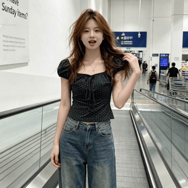 한 부서 광장 칼라 레이스업 반팔 티셔츠 여성 여름 몸매 가꾸기 이슬 쇄골 슈퍼 잘 생긴 ~ 중 맨위 chic 상세 이미지 3