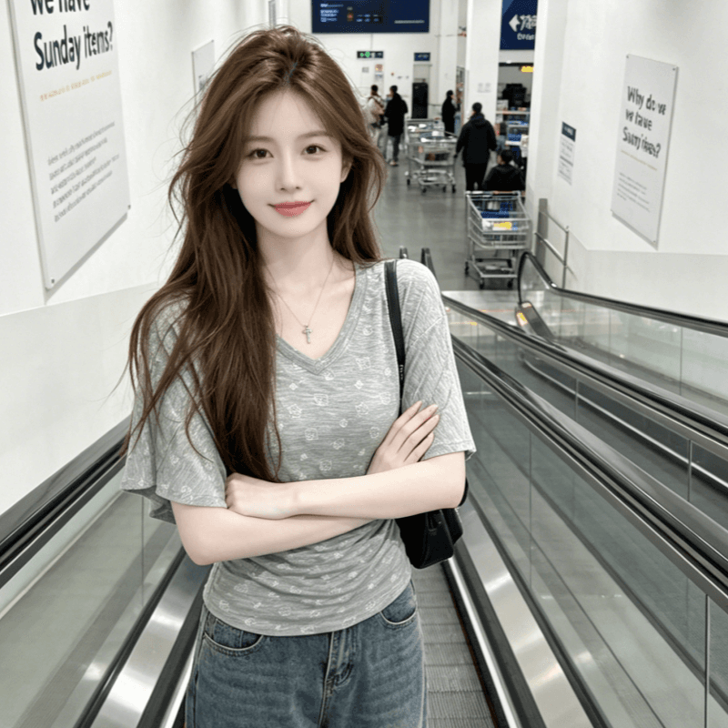 한 부서 V넥 반팔 티셔츠 여성 여름 kitty 프린트 핫걸 몸매 가꾸기 다용도 아름다운 맨위 tee 이미지 5