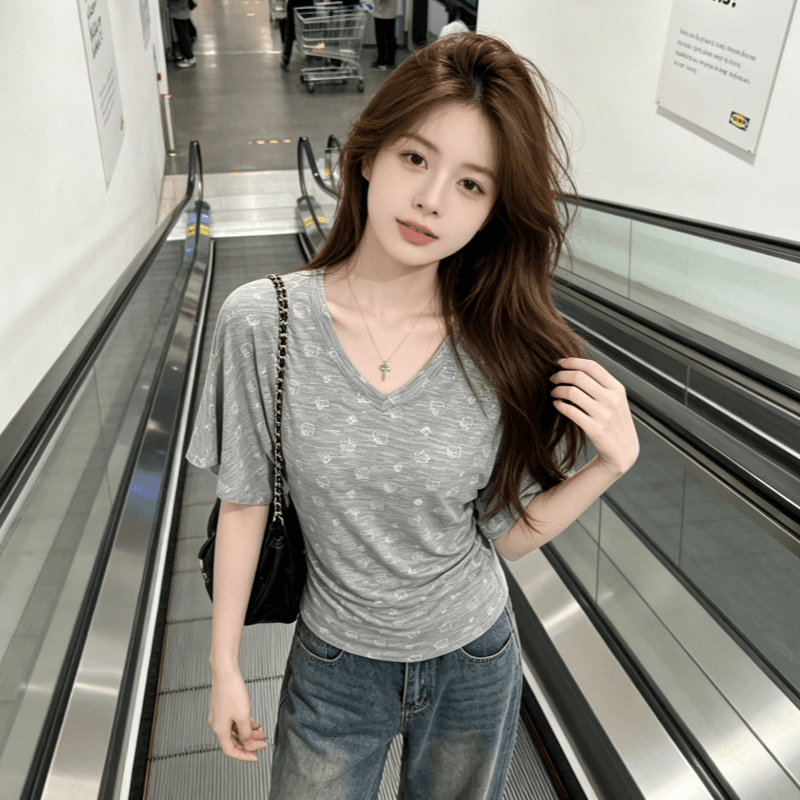 한 부서 V넥 반팔 티셔츠 여성 여름 kitty 프린트 핫걸 몸매 가꾸기 다용도 아름다운 맨위 tee 이미지 4