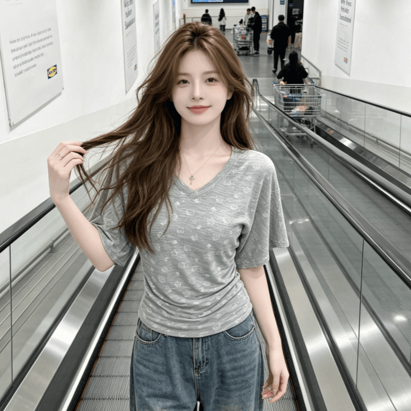 한 부서 V넥 반팔 티셔츠 여성 여름 kitty 프린트 핫걸 몸매 가꾸기 다용도 아름다운 맨위 tee 이미지 3