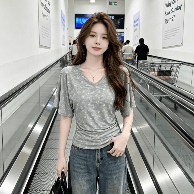 한 부서 V넥 반팔 티셔츠 여성 여름 kitty 프린트 핫걸 몸매 가꾸기 다용도 아름다운 맨위 tee 이미지 2