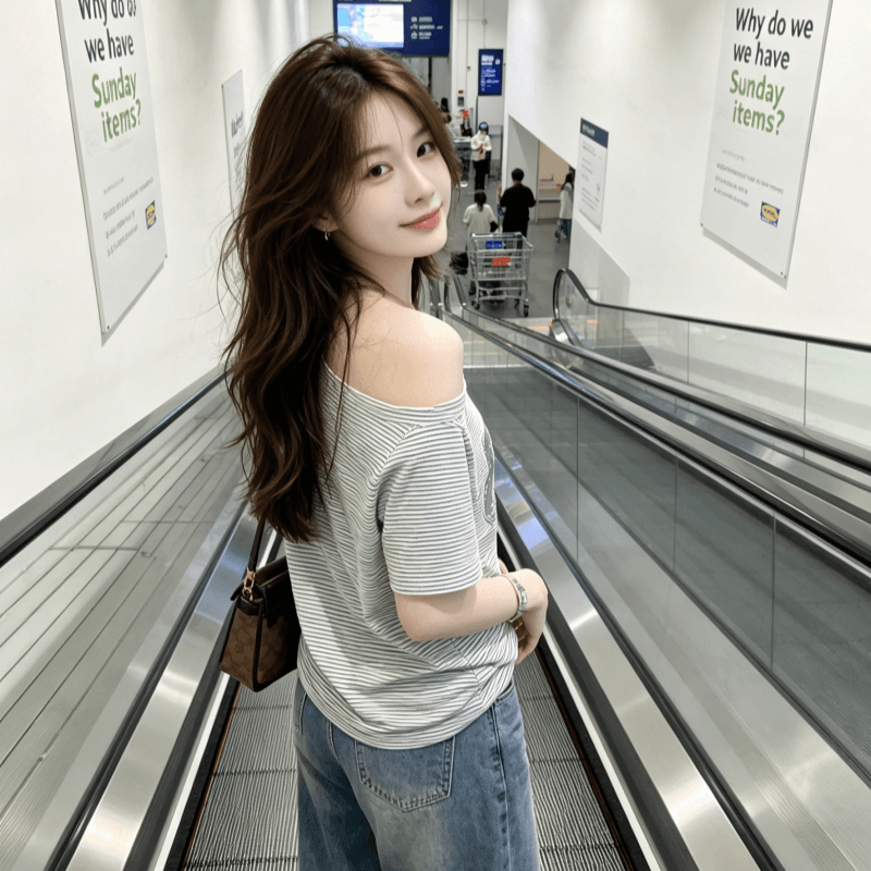 2026 비스듬한 어깨 오프숄더 반팔 티셔츠 여성 여름 섹션 패션 외국 가스 캐주얼 바람 핫걸 프린트 맨위 상세 이미지 5
