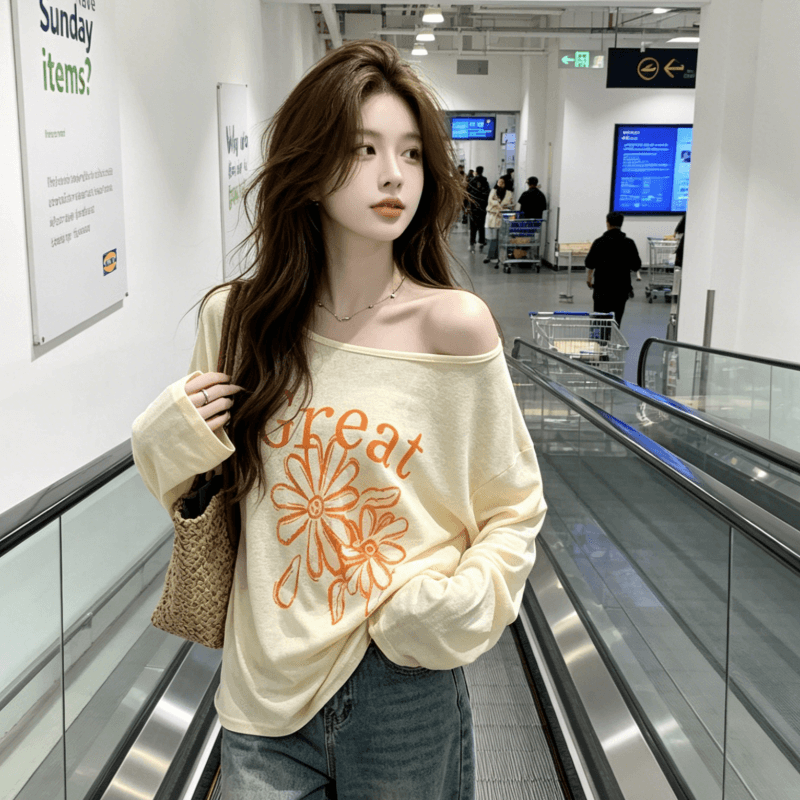대나무 마디 리브 황색 비스듬한 어깨 오프숄더 긴팔 티셔츠 여성 여름 2026 새로운 루즈핏 자외선 차단 블라우스 맨위 상세 이미지 5