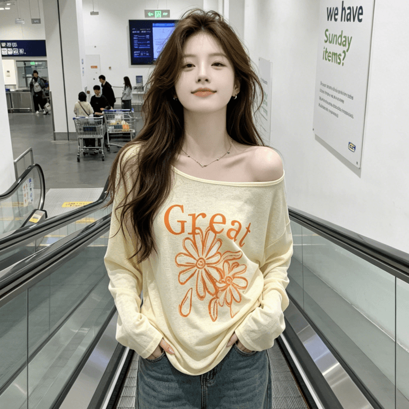 대나무 마디 리브 황색 비스듬한 어깨 오프숄더 긴팔 티셔츠 여성 여름 2026 새로운 루즈핏 자외선 차단 블라우스 맨위 상세 이미지 7