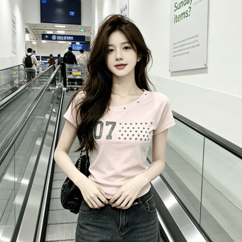 한 부서 별 프린트 징 비스듬한 어깨 반팔 티셔츠 여성 여름 새로운 핫걸 슬림해 보이는 디자인 센스 다용도 맨위 상세 이미지 8