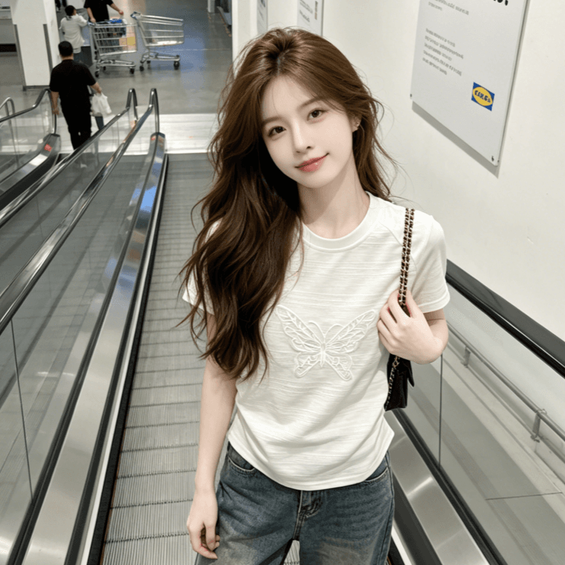 자카드 화이트 긍정적 인 어깨 반팔 티셔츠 여성 여름 새로운 디자인 센스 몸매 가꾸기 쇼트 스타일 한 부서 착용 잡아라. 의류 이미지 2