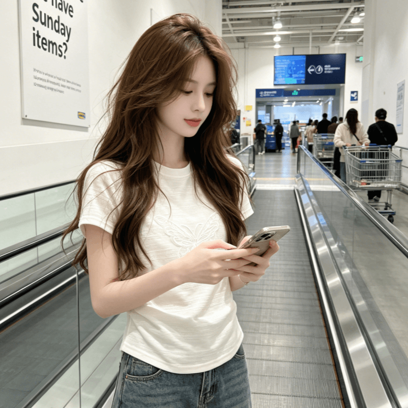 자카드 화이트 긍정적 인 어깨 반팔 티셔츠 여성 여름 새로운 디자인 센스 몸매 가꾸기 쇼트 스타일 한 부서 착용 잡아라. 의류 상세 이미지 4