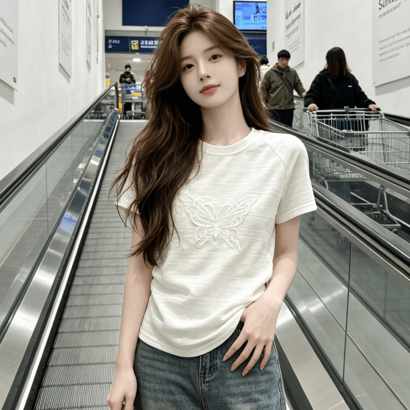 자카드 화이트 긍정적 인 어깨 반팔 티셔츠 여성 여름 새로운 디자인 센스 몸매 가꾸기 쇼트 스타일 한 부서 착용 잡아라. 의류 상세 이미지 5