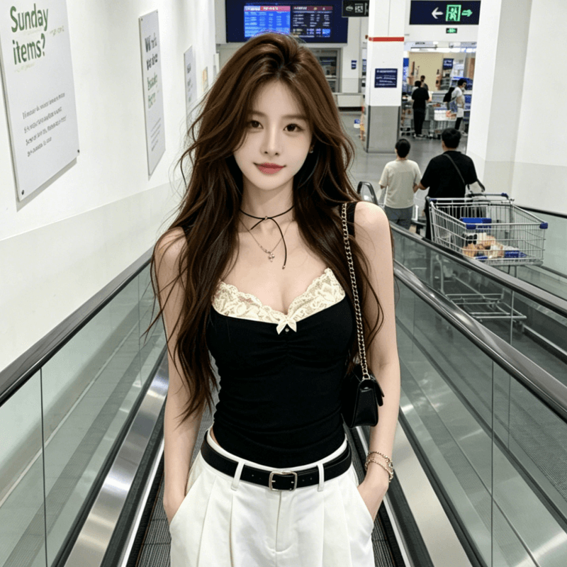 아메리칸 핫걸 레이스 조각 오프숄더 캐미솔 여름 bm 바람 몸매 가꾸기 슬림해 보이는 튜브탑 민소매 맨위 이미지 5
