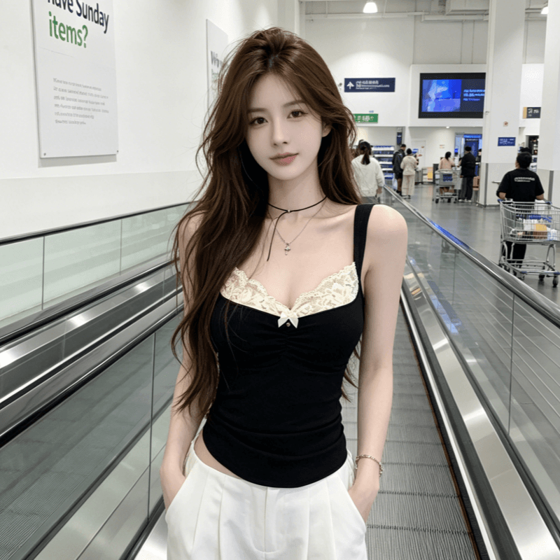 아메리칸 핫걸 레이스 조각 오프숄더 캐미솔 여름 bm 바람 몸매 가꾸기 슬림해 보이는 튜브탑 민소매 맨위 상세 이미지 7