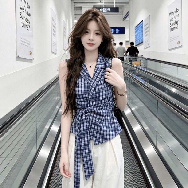 프랑스식 V넥 나비 매듭 스트랩 파란색 격자 무늬 셔츠 조끼 여성 여름 핫걸 외출용 몸매 가꾸기 민소매 맨위 상세 이미지 1