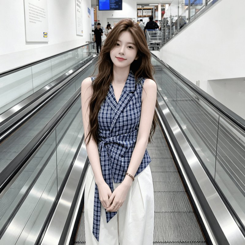프랑스식 V넥 나비 매듭 스트랩 파란색 격자 무늬 셔츠 조끼 여성 여름 핫걸 외출용 몸매 가꾸기 민소매 맨위 상세 이미지 7
