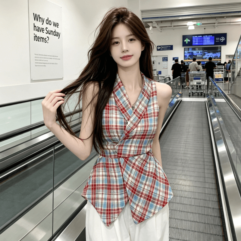 도파민 빨간색 체크무늬 행침 목 허리 수축 민소매 맨위 여성 여름 외출용 디자인 센스 인사이드 가져 가라. 만나는 조끼 슬립 상세 이미지 4