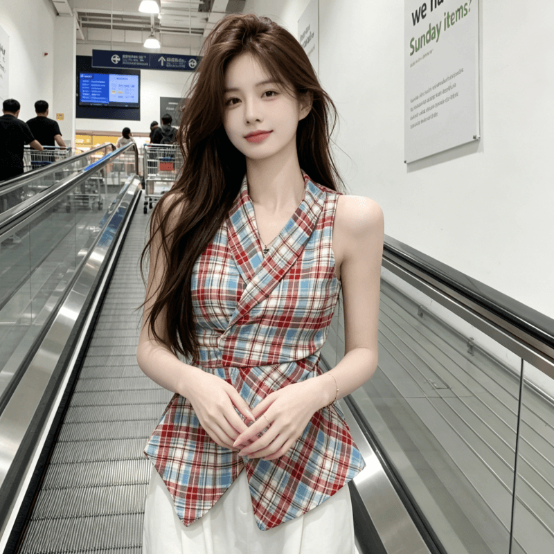 도파민 빨간색 체크무늬 행침 목 허리 수축 민소매 맨위 여성 여름 외출용 디자인 센스 인사이드 가져 가라. 만나는 조끼 슬립 상세 이미지 6