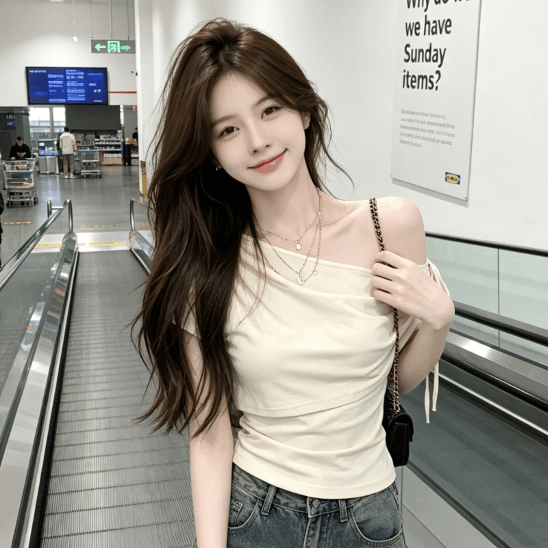 한 부서 핫걸 오프숄더 반팔 티셔츠 여성 여름 몸매 가꾸기 허리 수축 슬림해 보이는 비스듬한 칼라 누출 쇄골 기본 셔츠 맨위 이미지 3